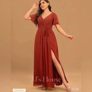 JJ’s House Bridesmaid Dress, A-Line V-neck Floor Length Chiffon, Color Vermilion